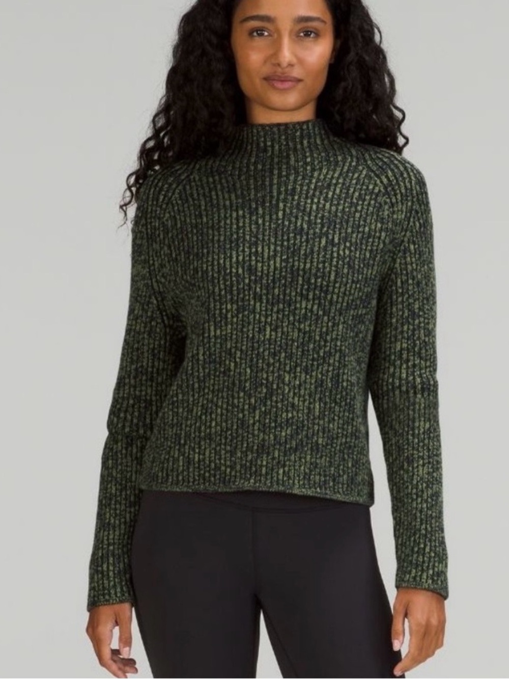 Lululemon Women’s 0 Cotton Cashmere Blend Mock Neck Ribbed Sweater Green Black